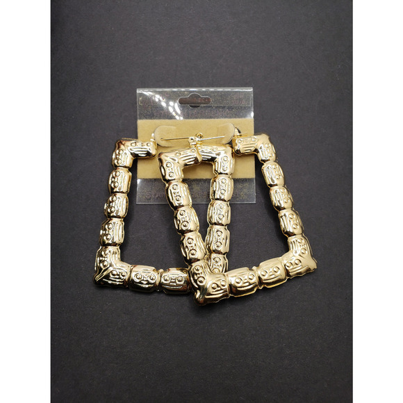 Rectangle bamboo gold earrings - Picture 1 of 5